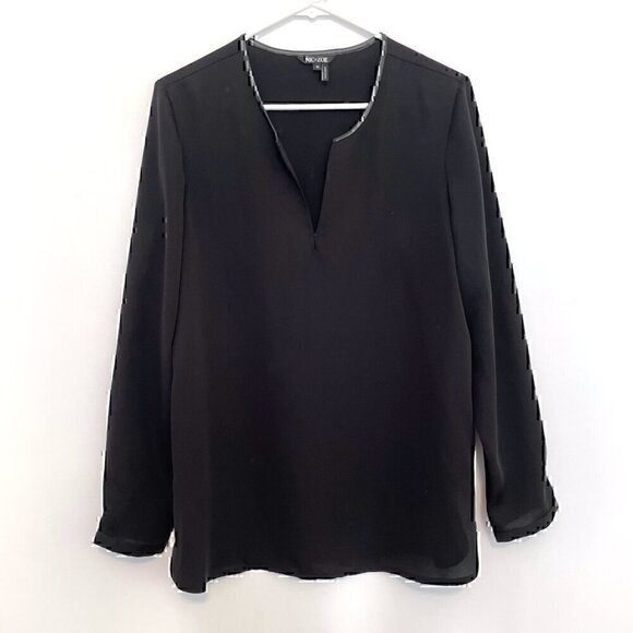 NIC+ZOE NIC ZOE Trimmed Tone Blouse Black Vegan Leather Trim V-Neck Long Sleeve - Picture 2 of 13